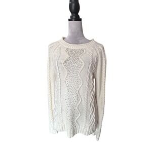 J.Crew‎ Cable Knit Sweater Cream Embellished Jewel Neck Long Sleeve Women's M
